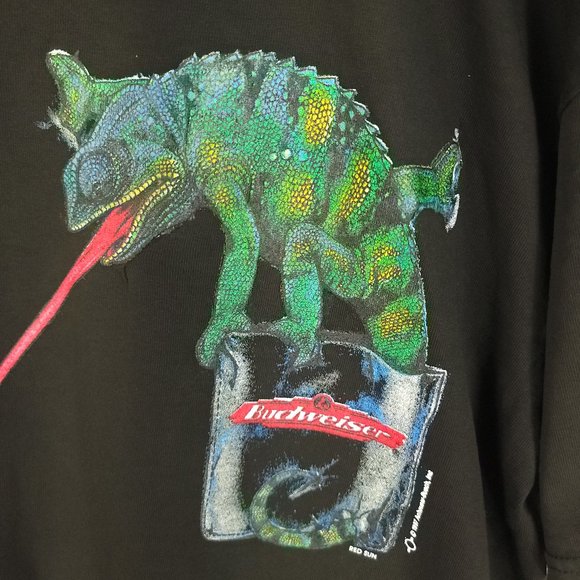 Vtg Budweiser Lizards Gildan Graphic T-Shirt Large Black Distressed DRY ROT - Picture 2 of 12